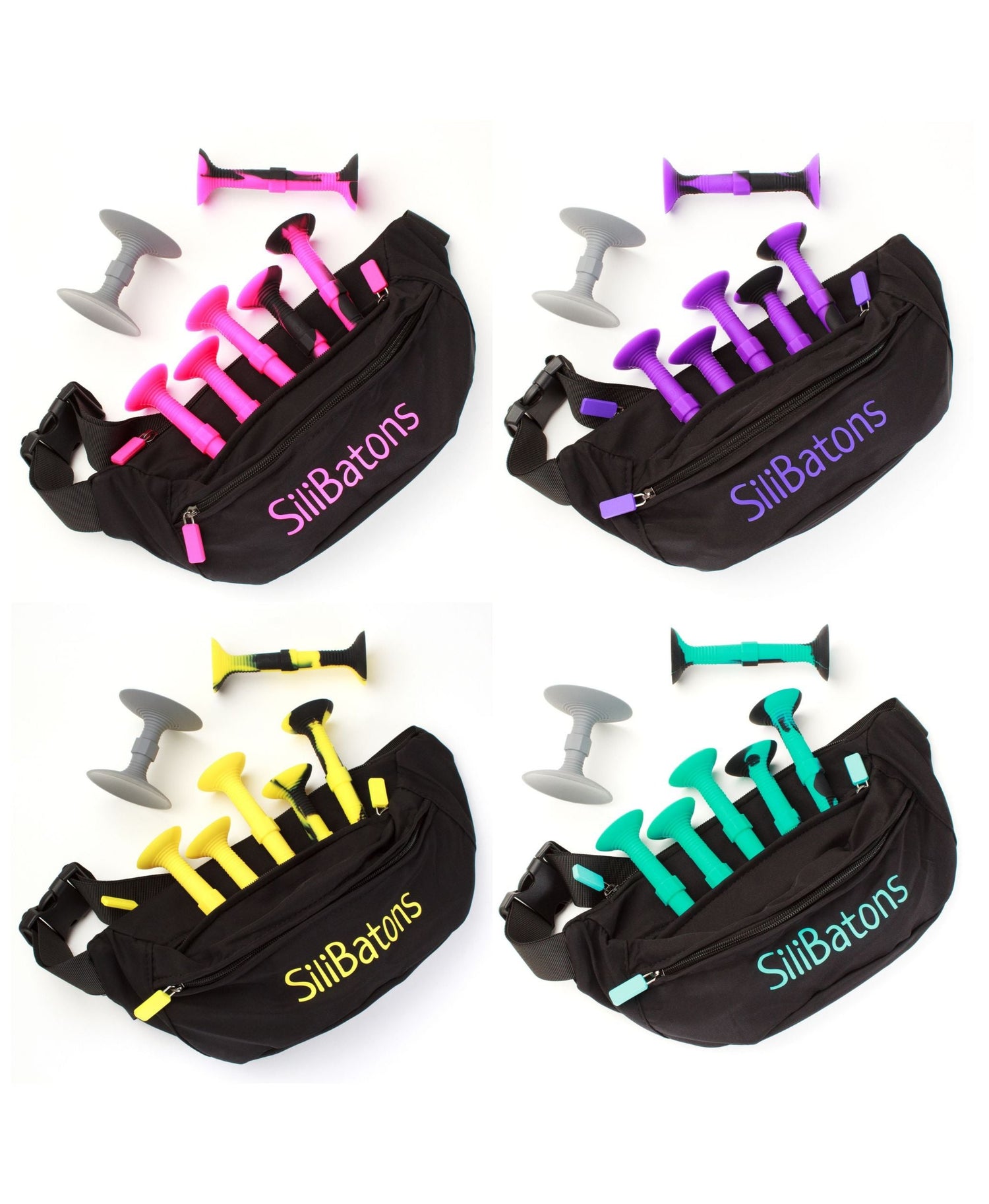 SiliBatons Fanny Pack Sets in Pink, Yellow, Teal, and Purple with Matching Batons and Suction Targets