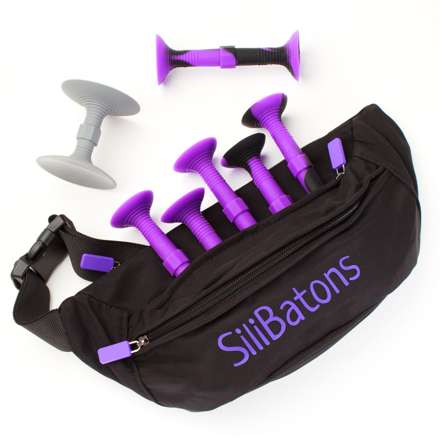 Purple and Black SiliBatons Fanny Pack Set with Suction Cup Batons for Family Dart Challenges