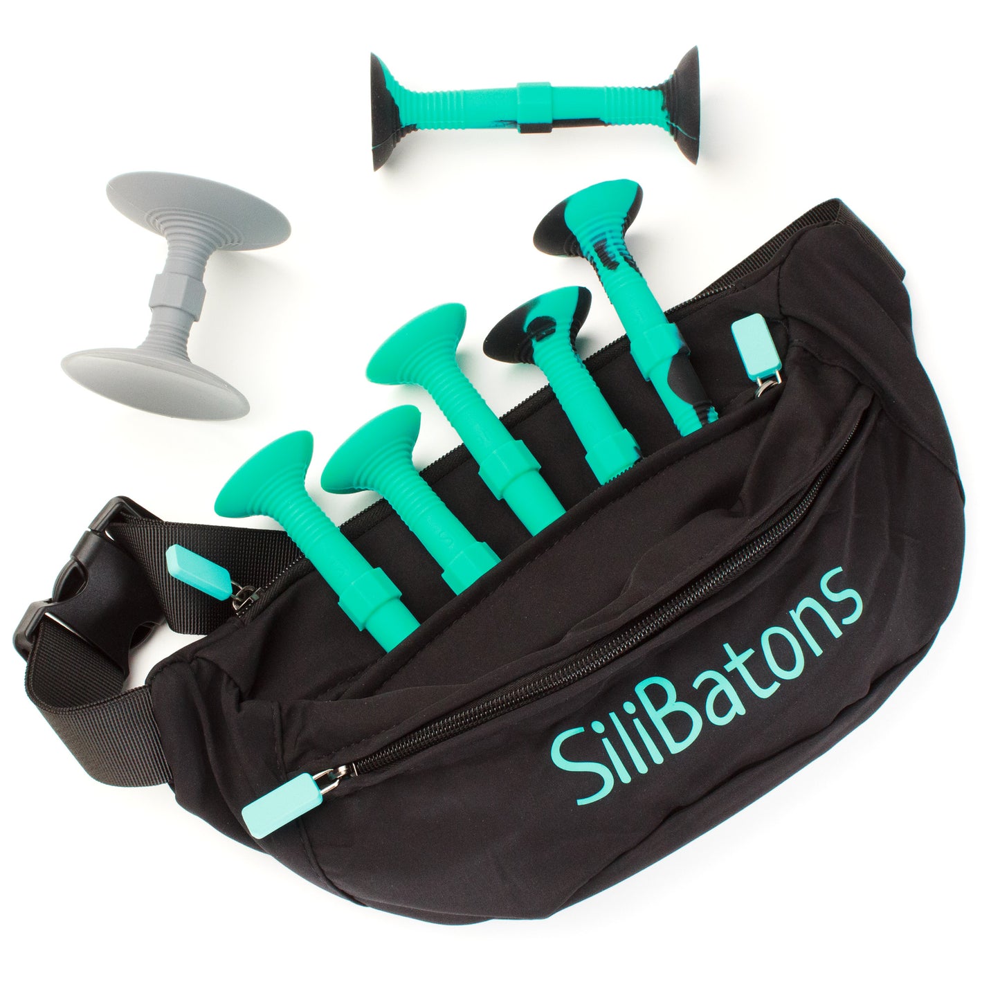 Teal and Black SiliBatons Fanny Pack Set with Suction Cup Batons for Portable Game Fun