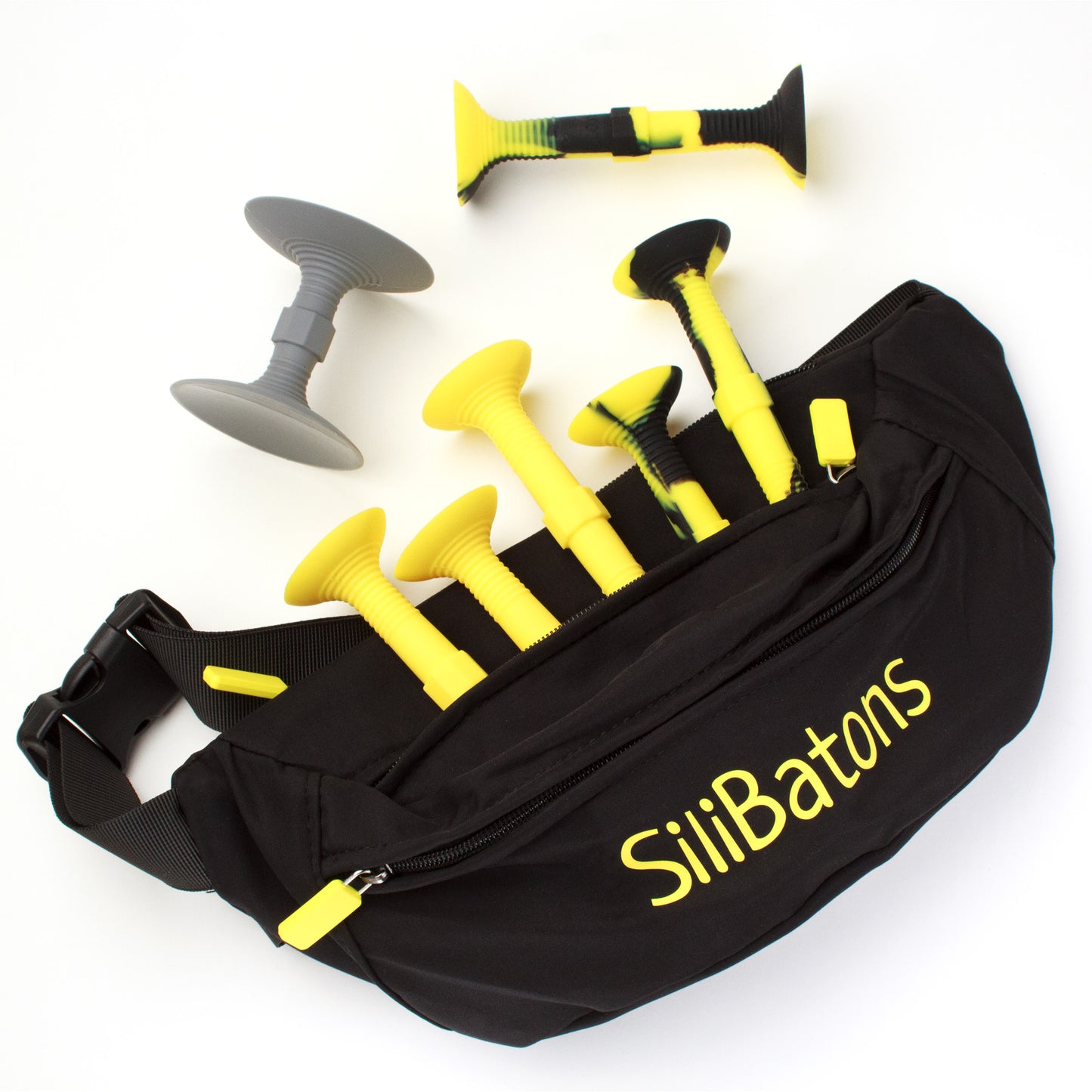 Yellow and Black SiliBatons Fanny Pack Set with Suction Batons for Portable Skill-Based Game